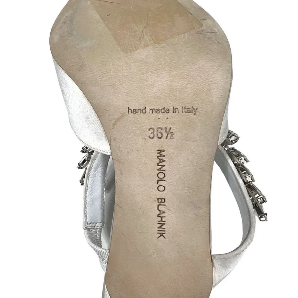 Manolo‎ Blahnik Lurum 90 Crystal-embellished White Satin Mules Heels Size 6.5
